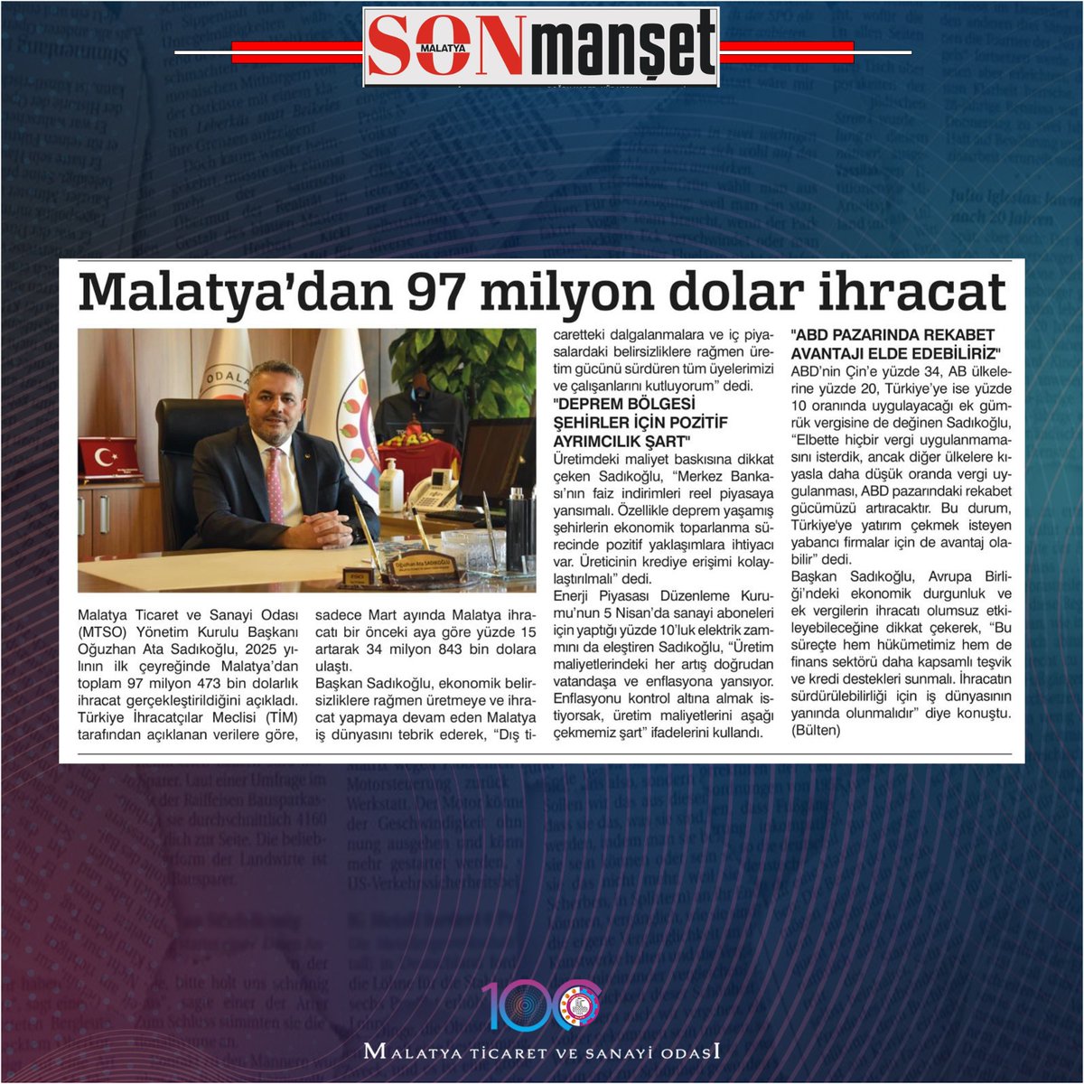 oasadikoglu's tweet photo. 📰#Gazete Haberleri

🟩"Yılın ilk çeyreğinde #Malatya’dan 97 Milyon Dolar İhracat gerçekleştirdik. Dış ticaretteki belirsizlikler ve iç piyasadaki ekonomik göstergelerde yaşanan dalgalanmalara rağmen üreten ve ihracat yapan üyelerimizi ve personellerini gönülden kutluyorum."

📌https://t.co/aOtCF0GX90