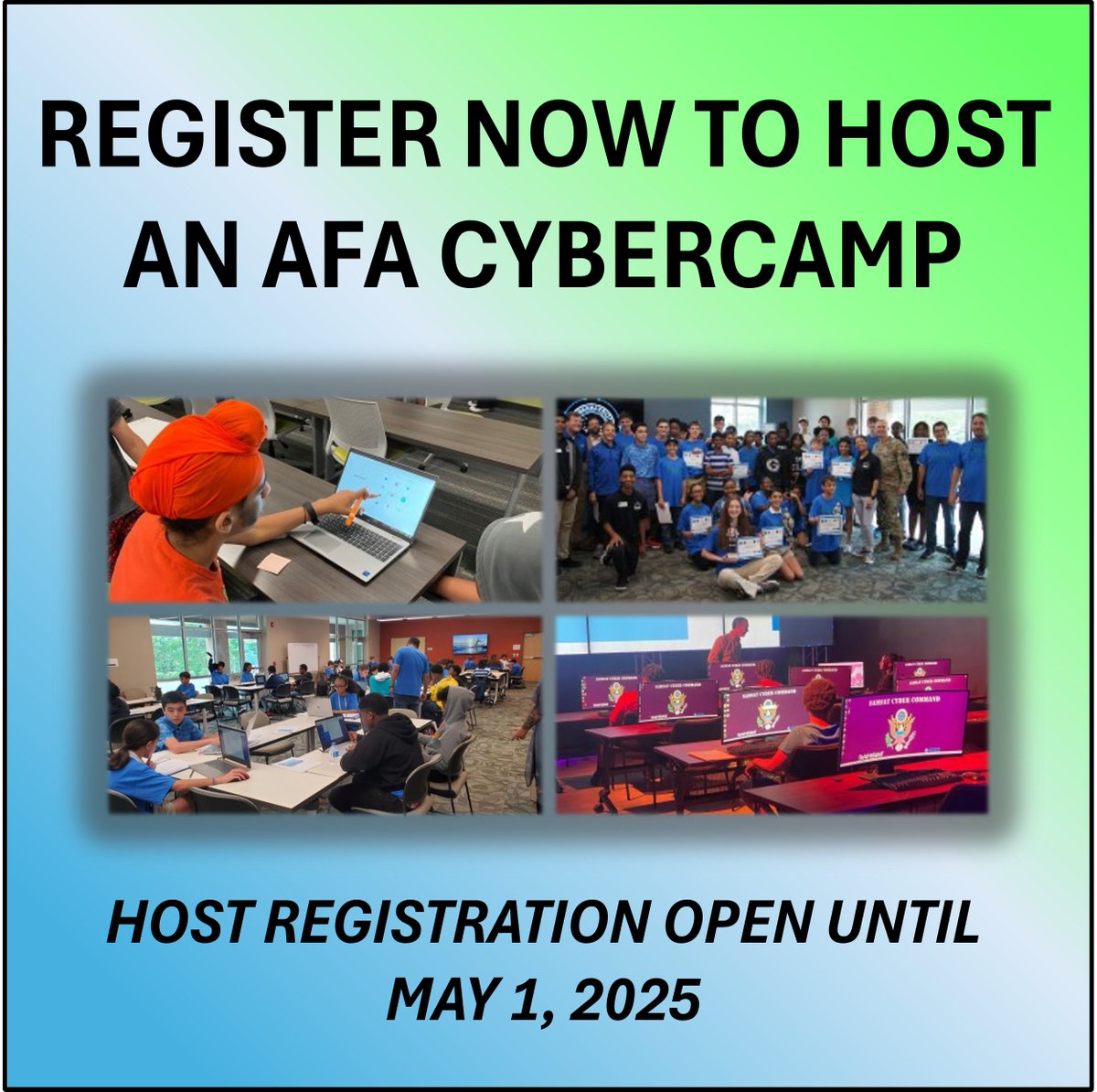 Only 2 weeks left to register to host an AFA CyberCamp!

With 10 weeks to choose from this year – easily find a time that works best for you!

To learn more, visit: uscyberpatriot.org/afa-cybercamps…