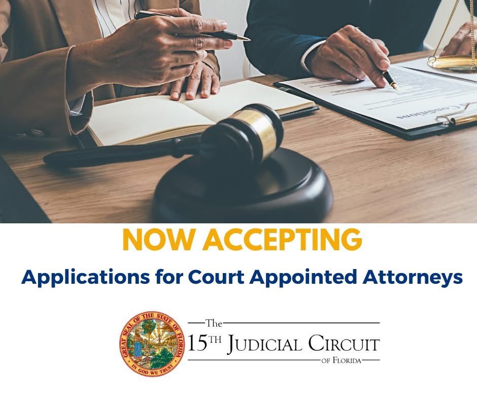 Are you looking to become or renew your status as a Court Appointed Attorney for the 15th Judicial Circuit? We are now accepting applications through April 15.

For more information on the process and to complete an application, visit our website: 15thcircuit.com/index.php/prog…