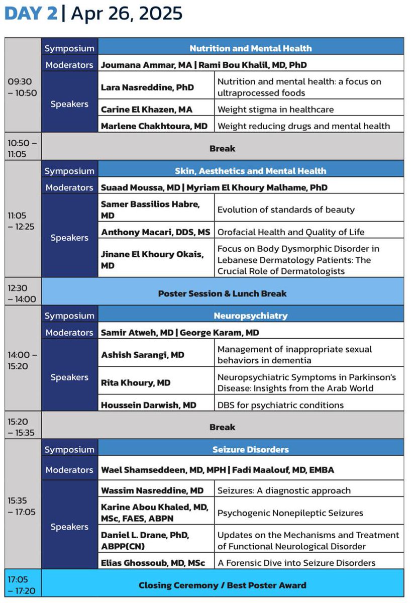 Psychiatry_AUBMC (@aubmcpsychiatry) on Twitter photo 🗓️ Full schedule for #GAMH2025 is out!
Join top minds 🧠 from Lebanon & around the globe 🌐 for powerful talks & panels 🎤📚
🖋️Lock in your spot now: lnkd.in/dFq7frR2
<a href="/EliasGhossoubMD/">Elias Ghossoub</a> <a href="/MayaBizri/">Maya Bizri</a> <a href="/RitaKhouryMD/">Rita Khoury</a> <a href="/DrNeuropsych/">Marc Barakat🇱🇧🇨🇦</a> <a href="/FarhoudLaila/">Laila Faris Farhoud</a> 🗓️ Full schedule for #GAMH2025 is out!
Join top minds 🧠 from Lebanon & around the globe 🌐 for powerful talks & panels 🎤📚
🖋️Lock in your spot now: lnkd.in/dFq7frR2
<a href="/EliasGhossoubMD/">Elias Ghossoub</a> <a href="/MayaBizri/">Maya Bizri</a> <a href="/RitaKhouryMD/">Rita Khoury</a> <a href="/DrNeuropsych/">Marc Barakat🇱🇧🇨🇦</a> <a href="/FarhoudLaila/">Laila Faris Farhoud</a>