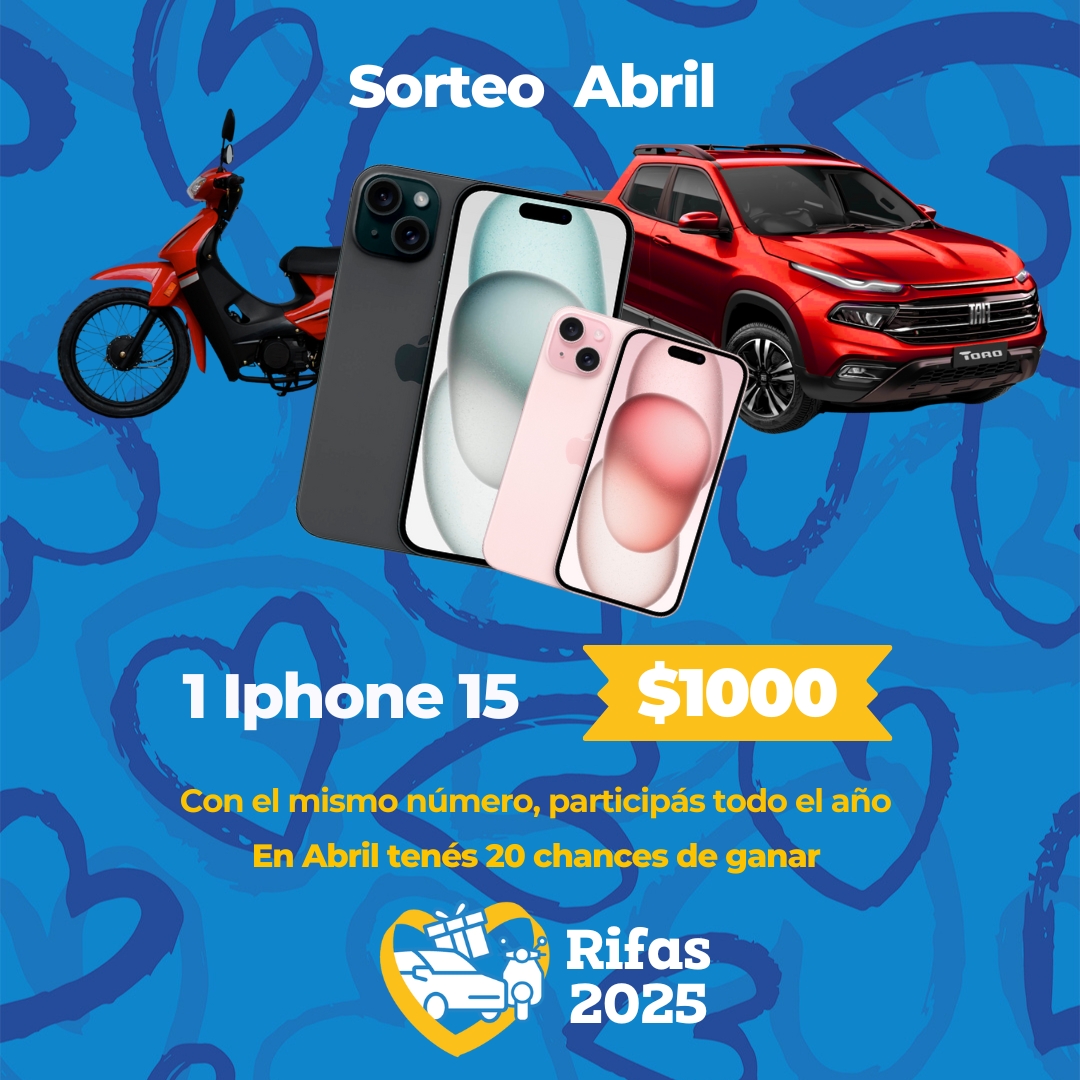 ¡Abril llega con un gran premio! 💳Comprá tu rifa ahora en: dona.uy/2s4hww7n

Comprando tu número este mes, tenés 20 oportunidades de ganar un increíble iPhone 15📱

Además, eguís participando en los sorteos mensuales y en el gran sorteo final por una Fiat Toro Freedom 🚙