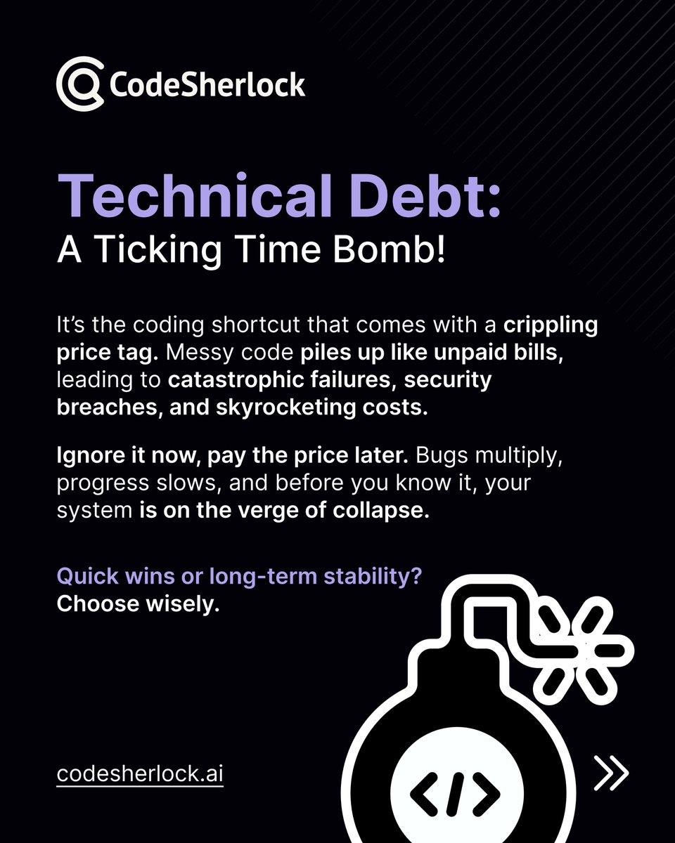 codesherlockai's tweet photo. Technical debt is silently draining your resources and stalling innovation. Don’t wait for impact—detect and fix it early with https://t.co/qhHp1P3Nvp!

#TechnicalDebt #CyberSecurity #CodeQuality #CodeSherlock https://t.co/T7aY8pGmHS