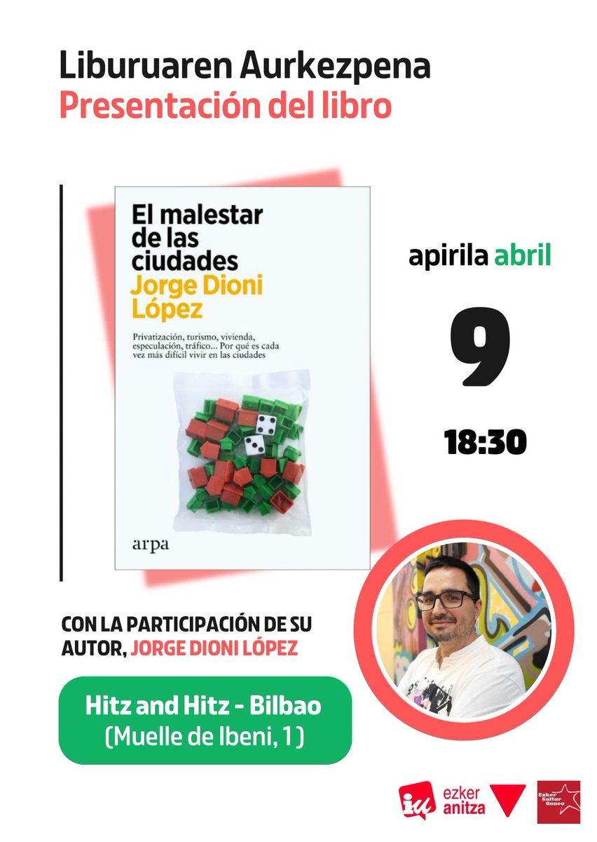 📕Bihar asteazkena gurean <a href="/jorgedioni/">Jorge Dioni López</a> izango dugu bere liburua "El malestar de las ciudades" aurkezten. Ez galdu aukera!

📗Mañana miércoles tendremos el placer de contar con <a href="/jorgedioni/">Jorge Dioni López</a> presentando su libro "El malestar de las ciudades" en Bilbao. No te lo pierdas!