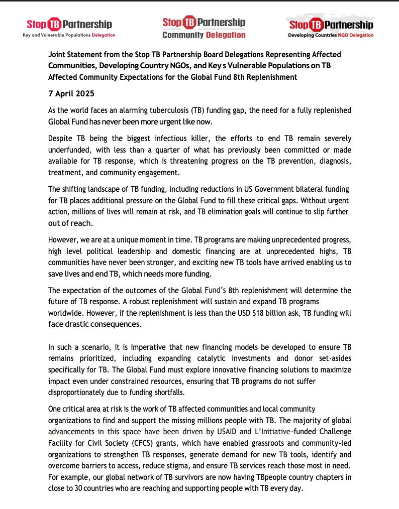 TBDelegation's tweet photo. Joint Statement from Stop TB Board Delegations for GFAN Meeting on GF 8th Replenishment

Statement STP Board Delegations on our expectation of Global Fund’s 8th replenishment. 

#MyTBdelegate Subrat (Developing Country NGOs) is presenting the statement at GFAN meeting. https://t.co/KOJ9qCprVP