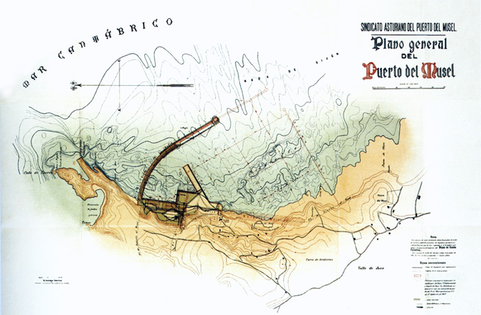 El puerto de El Muse Musel ensus inicios, el Dique Norte o Muelle de los Porticos a donde llegaba el Ferrocarril de Langreo, los Muelles de Ribera y el Muelle de los Transatatlicos