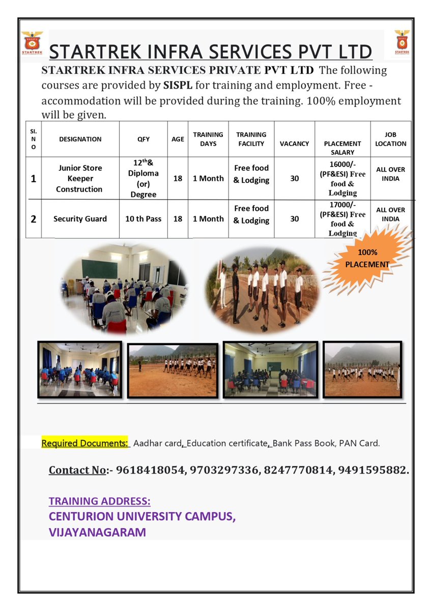 DistrictEmpGjp's tweet image. Course offer- Junior Store Keeper Construction &amp;amp; security Guard
Eligibility- 12th &amp;amp; Diploma or Degree / 10th
Duration - 30 Days ( Free Food &amp;amp; Accommodation)
For any Query 📞9618418054, 9703297336,8247770814,9491595882,9827946884
#DSDEOGajapati #OSDA #SISPL