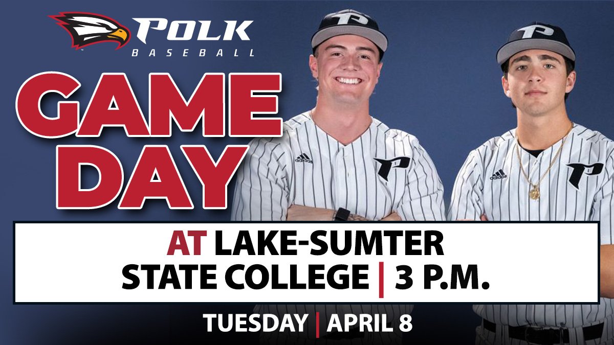 Polk State Baseball hits the road for an afternoon contest!

🆚: Lake-Sumter State College
⏰: 3 p.m.
📍: The Hawks Nest | Leesburg, Fla.
📺: tinyurl.com/48mtd98y