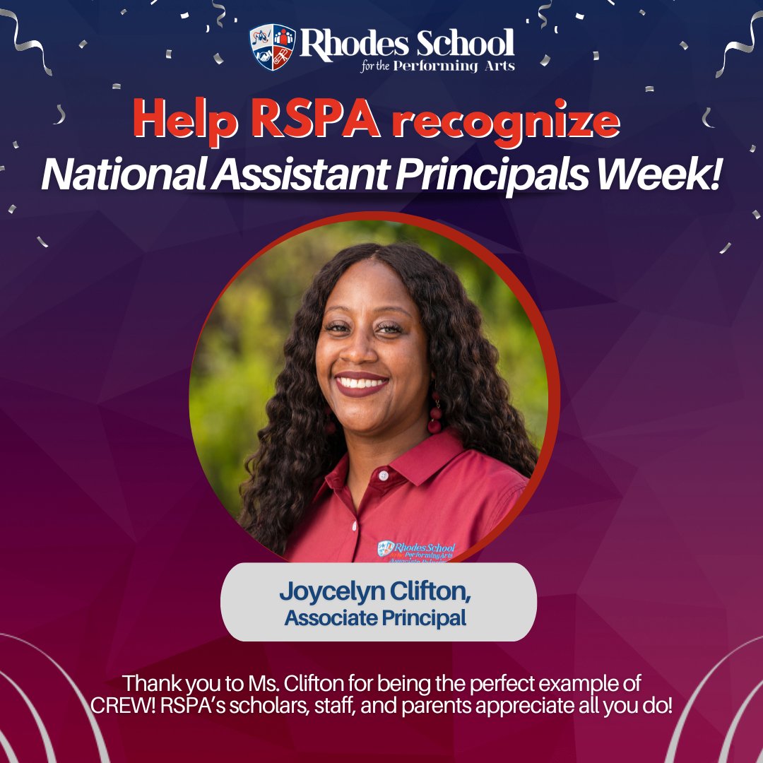 Happy #NationalAssistantPrincipalsWeek to Ms. Clifton! ✨ She works tirelessly in the background - providing teacher &amp; principal support, student motivation &amp; helping cultivate a positive learning environment. Thank you for being CREW! 💙❤

#WeAreCREW #RhodesSchool