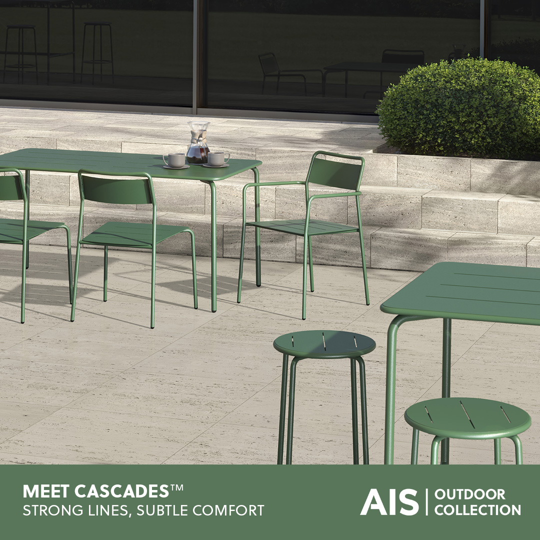 Cascades offers a family of tables &amp; seating that’s cohesive, comfortable, &amp; climate-friendly.​​

See it: ais-inc.com/products/casca…​

Slotted details provide airflow &amp; drainage. The all-metal build makes it a staple outdoors – or in.

#AISOfficeFurniture #AISOutdoor #WorkAnywhere