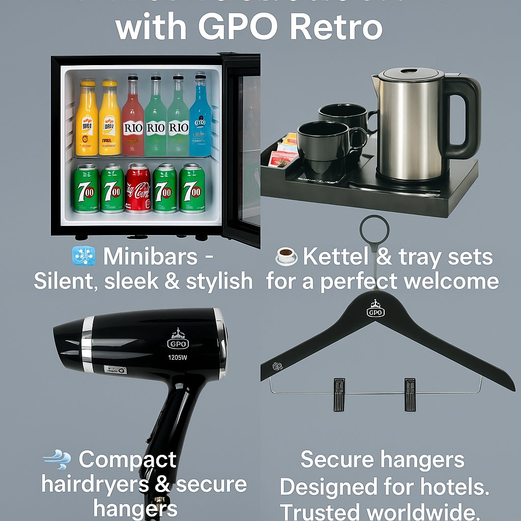 GPO_Retro's tweet photo. Elevate your hotel rooms with essentials that guests notice.
☕ Kettles, 🧊 minibars, 💨 hairdryers &amp; more.
Designed by GPO Retro for today’s hospitality experience.
🔗 https://t.co/dSG0OgpDBL
#GPORetro #HotelSupplies #Hospitality #RetroStyle https://t.co/4LqN6It6gu