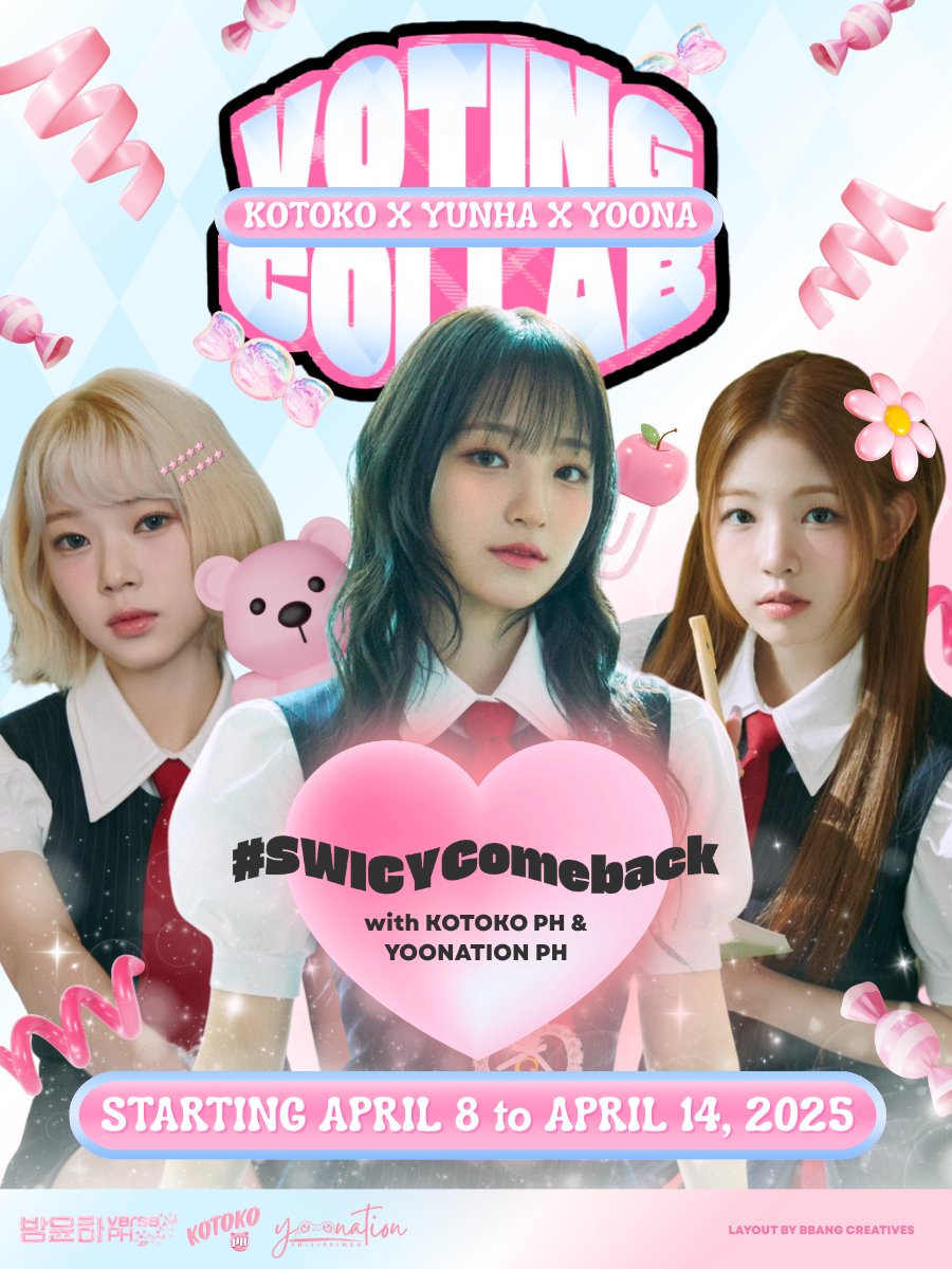 YunhaversePH's tweet photo. [📢] 𝐊𝐎𝐎𝐊𝐘 𝐂𝐎𝐌𝐄𝐁𝐀𝐂𝐊 𝐏𝐎𝐋𝐋 

UNIS' comeback is fast approaching!

YUNHAverse PH, in collaboration with @KOTOKO_PH and @YoonationPH, will be spearheading the "𝗖𝗢𝗠𝗘𝗕𝗔𝗖𝗞 𝗦𝗧𝗥𝗘𝗔𝗠𝗜𝗡𝗚" category on the Kooky App. While we may have stepped away from this app before, for the girls, for UNIS, we’re ready to do whatever it takes to strengthen and boost our digital score in this #SWICY era!

𝗦𝗧𝗥𝗘𝗔𝗠𝗜𝗡𝗚 𝗥𝗘𝗪𝗔𝗥𝗗 𝗗𝗘𝗧���𝗜𝗟𝗦
1. MELON: 500 streams  
2. SPOTIFY: 800 streams  

𝗣𝗥𝗢𝗠𝗢𝗧𝗜𝗢𝗡𝗔𝗟 𝗥𝗘𝗪𝗔𝗥𝗗 𝗗𝗘𝗧𝗔𝗜𝗟𝗦
1. Kooky Magazine  
2. YouTube Playlist Promotion  
3. YouTube Playlist Thumbnail - awarded to the artist with the highest vote count  
4. Kooky "Comeback" Banner  

Additionally, the artist with the most Loovy votes in this category will receive an extra 500 streams: 200 from Melon and 300 from Spotify.

🗓️ 𝗩𝗼𝘁𝗶𝗻𝗴 𝗣𝗲𝗿𝗶𝗼𝗱: April 7 to 14, 2025, until 11 AM KST  
🔗 𝗖𝗮𝘁𝗲𝗴𝗼𝗿𝘆 𝗣𝗼𝗹𝗹 𝗟𝗶𝗻𝗸: https://t.co/hUHjmqPFpZ

Pubmat made by Keish (@breadofyunha) and Bia (@phanthom_bunny)

𝐋𝐞𝐭’𝐬 𝐠𝐨 𝐚𝐥𝐥 𝐨𝐮𝐭! 𝐖𝐞 𝐤𝐧𝐨𝐰 𝐧𝐨 𝐛𝐨𝐮𝐧𝐝𝐬!  
#SwicyComeback
#BANGYUNHA #KOTOKO #OHYOONA  
#UNIS #유니스