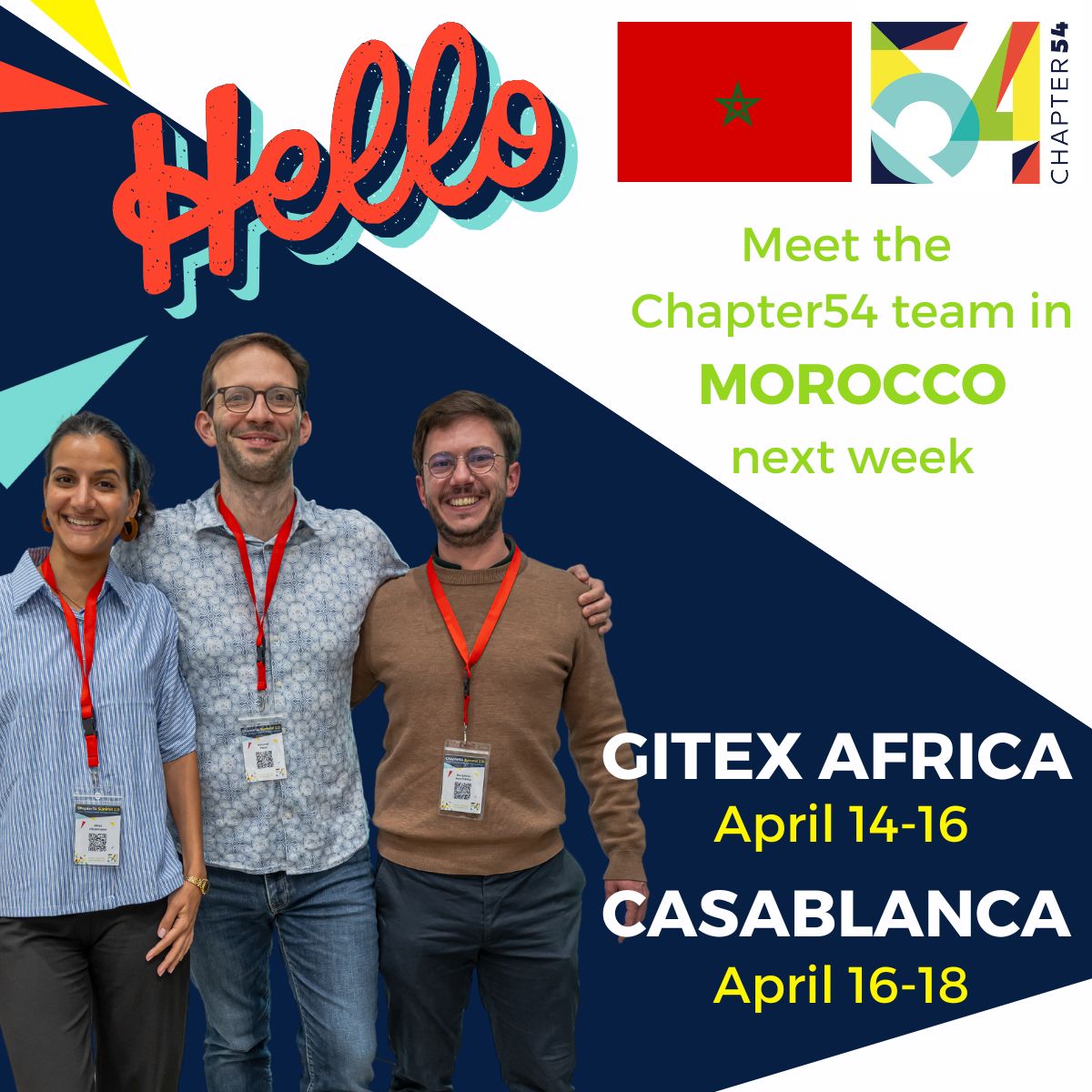 Meet the team Chapter54 in Morocco next week!⚡

Another busy week coming up for Vincent, Benjamin and Mirja &amp; our accelerated Scaleups, this time in Morocco. 🌍

Our first stop is #Marrakech and then we will head to #Casablanca. Let's connect!