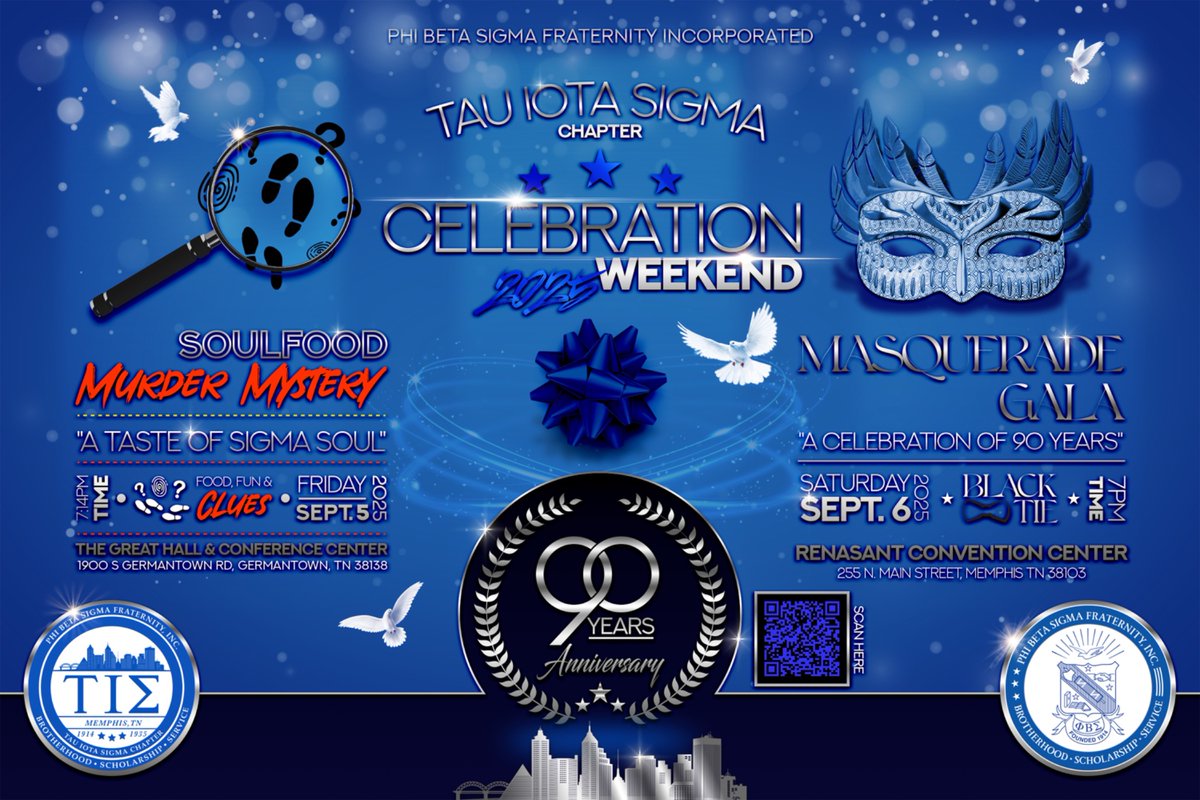 Sigma_Memphis's tweet photo. Come celebrate 90 years of Brotherhood, Scholarship &amp; Service to the Memphis-Shelby County community! SigmaMemphis presents its 90th Celebration Weekend festivities September 5-6, 2025. You do not want to miss this! https://t.co/1cQuorHthD