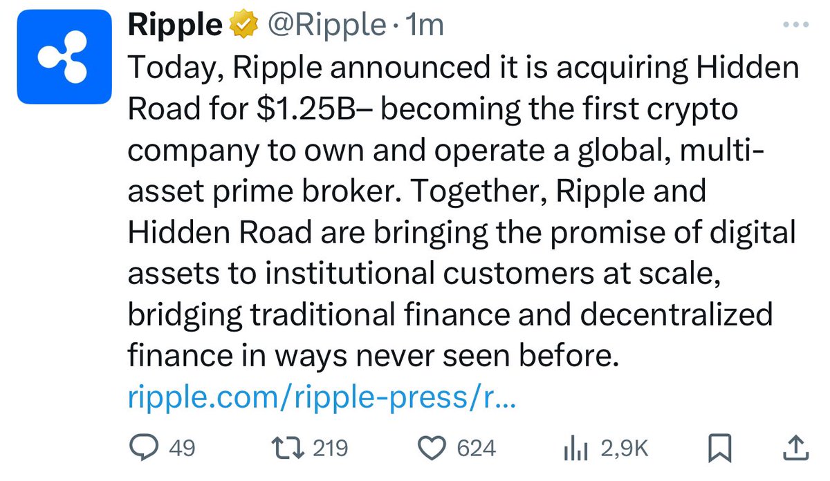 mrnguyen007's tweet photo. 🚨 🚨 BREAKING NEWS:

Ripple announced it is acquiring Hidden Road for $1.25B– becoming the first crypto company to own and operate a global, multi-asset prime broker! 🪙 💰 🇺🇸 

BOOOOM! 🔥 

#XRP #RLUSD #XRPETF 💎 💎 💎 💎 💎 💎 💎 💎 💎 💎 https://t.co/fsmMMLECT6