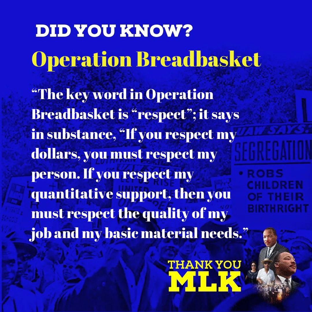 TheKingCenter's tweet photo. #thankyouMLK
#DidYouKnow about #OperationBreadbasket,
a department developed within the Southern Christian Leadership Conference (of which Dr. King was President) to create economic opportunities for Black people. The department focused on accomplishing this goal by employing nonviolent strategies to ensure fair housing practices and fair treatment in businesses frequented by Black people.
To learn more about Operation Breadbasket, its strategies, and its outcomes, read Dr. King’s book, ‘Where Do We Go From Here: Chaos or Community?’
https://t.co/sWZG9Q2t3G
#MLK #MissionPossibleMLK #SCLC #King100 #ChampionsForChange #Nonviolence #Nonviolence365