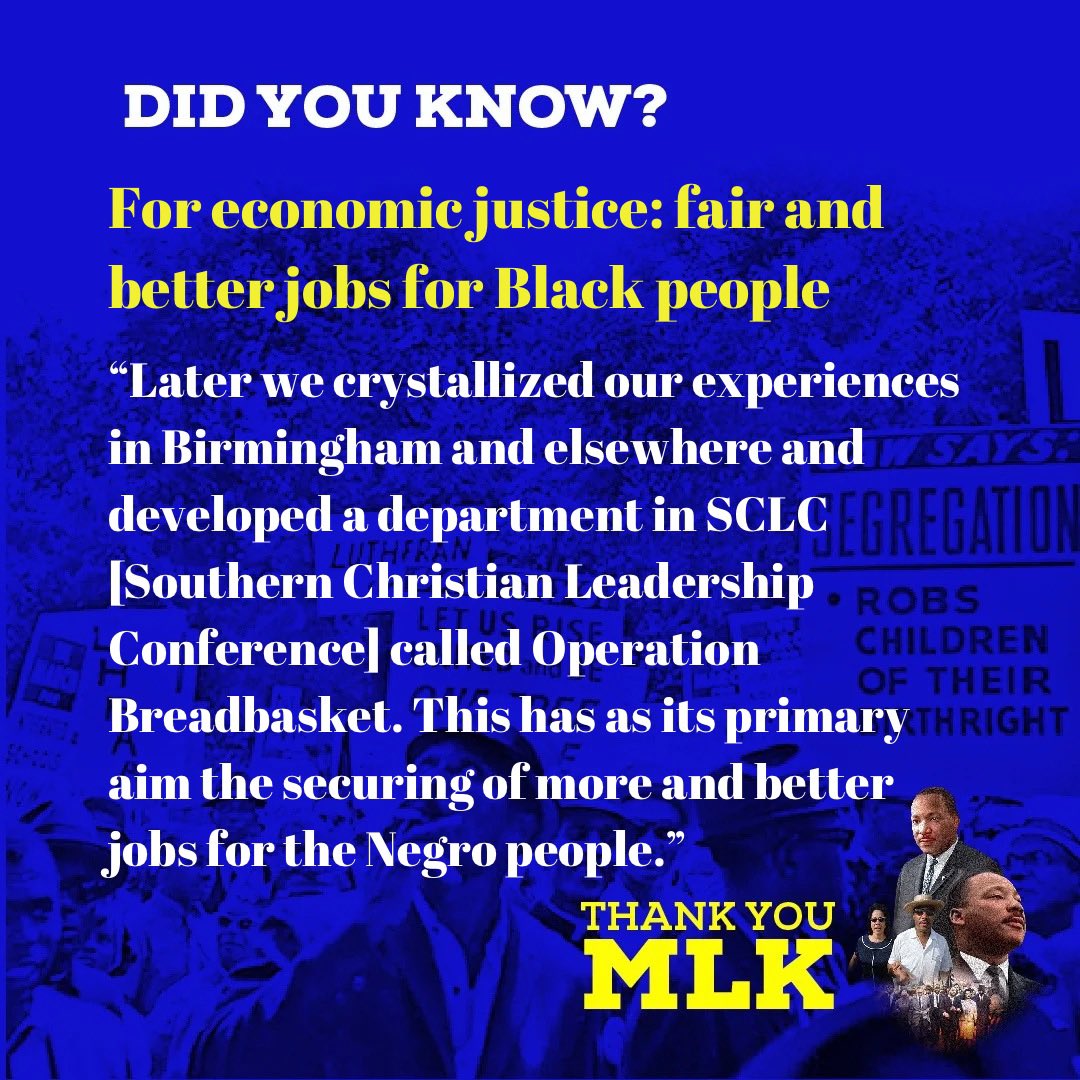 TheKingCenter's tweet photo. #thankyouMLK
#DidYouKnow about #OperationBreadbasket,
a department developed within the Southern Christian Leadership Conference (of which Dr. King was President) to create economic opportunities for Black people. The department focused on accomplishing this goal by employing nonviolent strategies to ensure fair housing practices and fair treatment in businesses frequented by Black people.
To learn more about Operation Breadbasket, its strategies, and its outcomes, read Dr. King’s book, ‘Where Do We Go From Here: Chaos or Community?’
https://t.co/sWZG9Q2t3G
#MLK #MissionPossibleMLK #SCLC #King100 #ChampionsForChange #Nonviolence #Nonviolence365