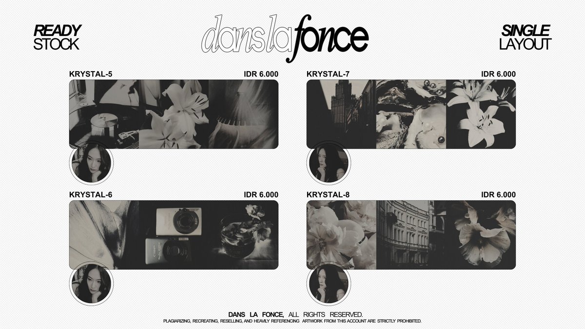 ⠀ ⠀ 
A repost would be appreciated!

Hi, I have some ready-to-go layout for Krystal, Han Sohee, and Karina. Price is shown on each image, free retext, will get PNG and JPG icons. DM me if you’re interested! ✨

#zonaba #zonauang #zonajajan
⠀ ⠀