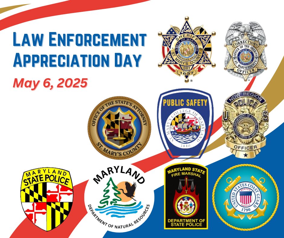 📣 Join us May 6 at 11:30 AM at The White Rose in Callaway for Law Enforcement Appreciation Day! Help us honor our Officers of the Year and remember those who served with sacrifice. 💙
🔗stmaryscountymd.gov/pio/docs/2025-… <a href="/firstsheriff/">St. Mary's County Sheriff's Office</a> <a href="/MDSP/">MD State Police</a> <a href="/MarylandDNR/">Maryland DNR</a> <a href="/StMarysMD/">St Mary's College MD</a> <a href="/NASPaxRiverPAO/">NAS Patuxent River</a>
