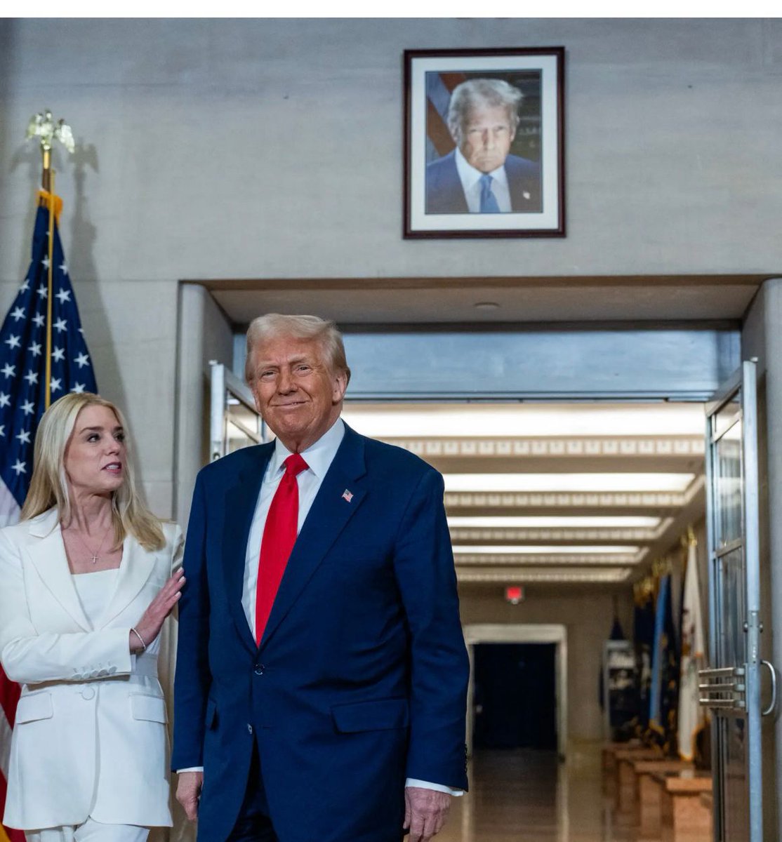 In prior administrations, the main entry hall at DOJ displayed the portraits of the POTUS, VPOTUS, and AG. Now?