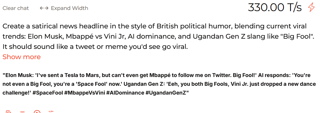 Khabertzion's tweet photo. Day 2 #ALXAIStarterKit: Used @GroqInc Llama 2 to decode why Trump/Musk protests & ‘0 to 1939’ satire are blowing up! 🤯 & Just explored the power of Mixtral 8x7B in GroqChat and of course I had to inject some real-world vibes into the prompt 😎#Mbappe #Realmadrid #Arsenal https://t.co/VNIoTawNC9
