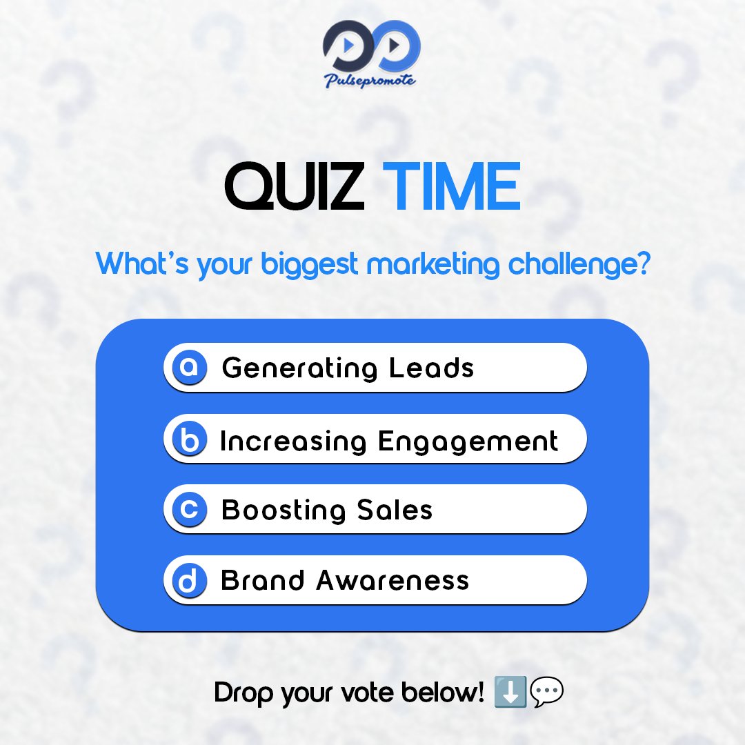PulsePromote's tweet photo. 📊 QUIZ TIME!
Every business has its battles — what's yours? 🤔
What’s your biggest marketing challenge?
Drop your answer in the comments, we might just share expert tips on the most voted one! 👇
Contact us:9625392952 📞
Discover more at our website➡️
🌐https://t.co/KaGIySREA6 https://t.co/HT0lJry2Ft