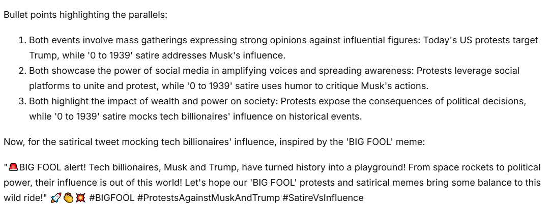 Khabertzion's tweet photo. Day 2 #ALXAIStarterKit: Used @GroqInc Llama 2 to decode why Trump/Musk protests & ‘0 to 1939’ satire are blowing up! 🤯 & Just explored the power of Mixtral 8x7B in GroqChat and of course I had to inject some real-world vibes into the prompt 😎#Mbappe #Realmadrid #Arsenal https://t.co/VNIoTawNC9