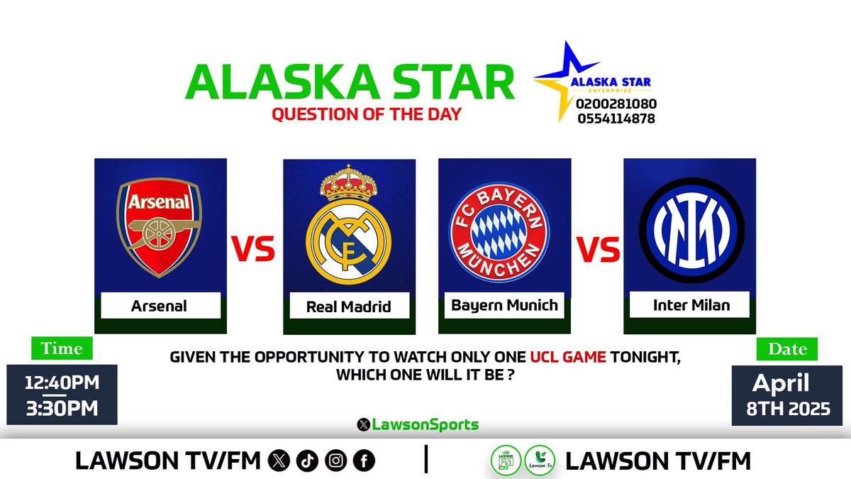 LAWSONSPORTS_'s tweet photo. QUESTION OF THE DAY!!

GIVEN THE OPPORTUNITY TO WATCH ONLY ONE UCL GAME TONIGHT, WHICH ONE WILL IT BE?🤔

A. ARSENAL V TEAL MADRID
B. BAYERN V INTER MILAN

COMMENT WITH THE HASHTAG #LawsonSports FOR VALIDITY.🔥🔥🔥 https://t.co/E38lpoYgo2