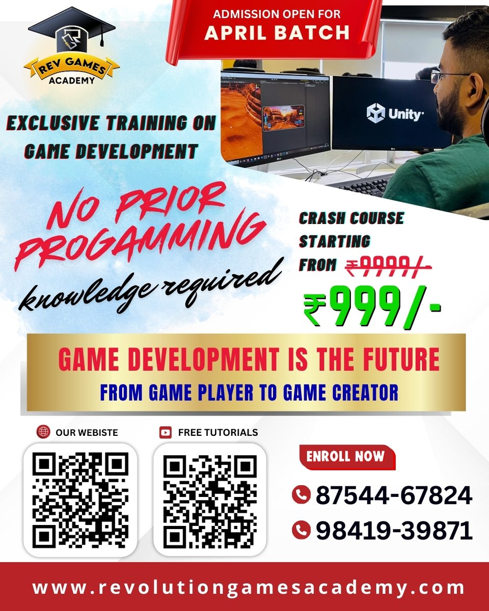 RevGamesAcademy's tweet image. No coding skills? No problem.
Become a GAME DEV expert with Rev Games Academy!
🔥 April Batch – Few seats left!
💸 Starting at just ₹999/-
📞 9384818162 / 63 / 64
🌐revolutiongamesacademy.com
🚀START TODAY!
#RevGamesAcademy #GameDevCourses #LearnGameDevelopment #GamingFuture