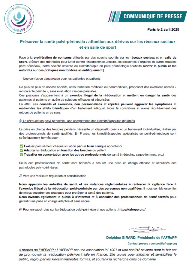 ⚠️ L'AFRePP (Association Française de Rééducation en Pelvi-Périnéologie) alerte le public et les autorités face à la prolifération de contenus prônant des méthodes pour lutter contre l’incontinence urinaire, les descentes d’organes et autres troubles pelvi-périnéaux, diffusés par
