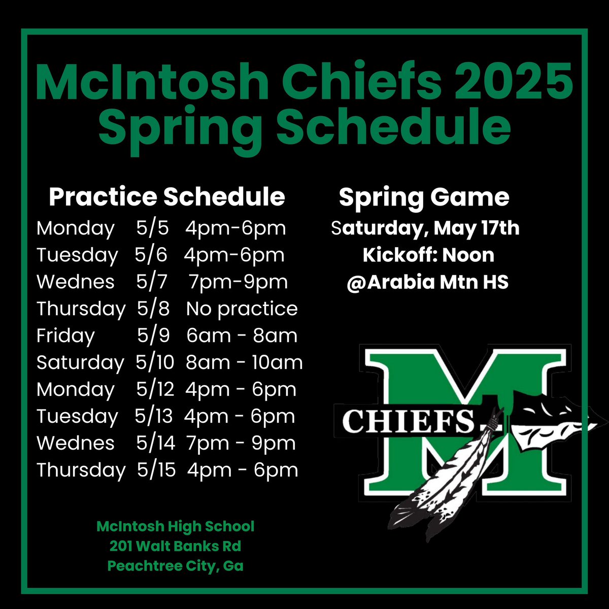 It’s time!!! Spring Ball starts May 5th!!! Our Chiefs are getting ready for a BIG 2025 Season!! The community and all College coaches are welcome to attend practice and to watch the Chiefs play on May 17th! <a href="/chowan6464/">Derek Smith</a> <a href="/CoachJBlack/">Coach Black 🏈</a> <a href="/FayetteSports/">Fayette Co. GA Sports</a> <a href="/najehwilk/">Najeh Wilkins</a> <a href="/CoachVeraldi/">COACH PAYTON VERALDI</a>