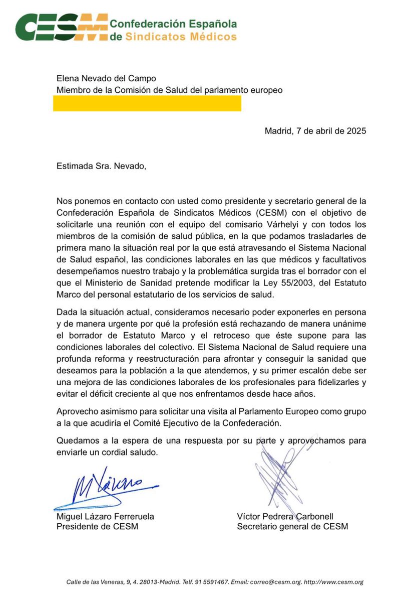 ”¡EUROPA tiene que saberlo! 
El Gobierno quiere precarizar aún más a sus médicos con un Estatuto indigno. CESM pide ayuda al Parlamento Europeo para frenar el atropello.
#EstatutoPropio 

Os dejo aquí 👇la carta :