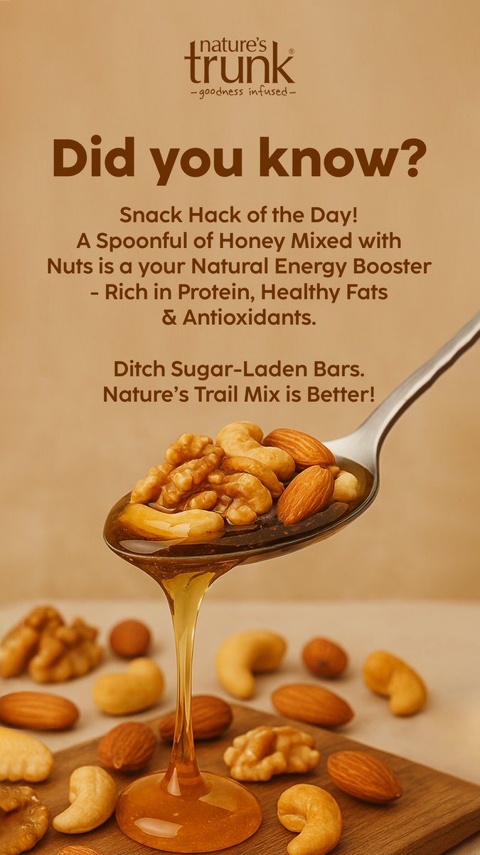 Natures_Trunk's tweet photo. Why snack on junk? When Honey with Nuts can fuel your day💥
Protein, good fats &amp; antioxidants—straight from nature! 🌰🍯

#SnackSmart #NaturalEnergy #HealthyLiving #FitnessJourney #fitnessdiet #snackhack #proteinrich #healthyfats #energybooster #healthyhack #goodfood https://t.co/he9izFBVuw