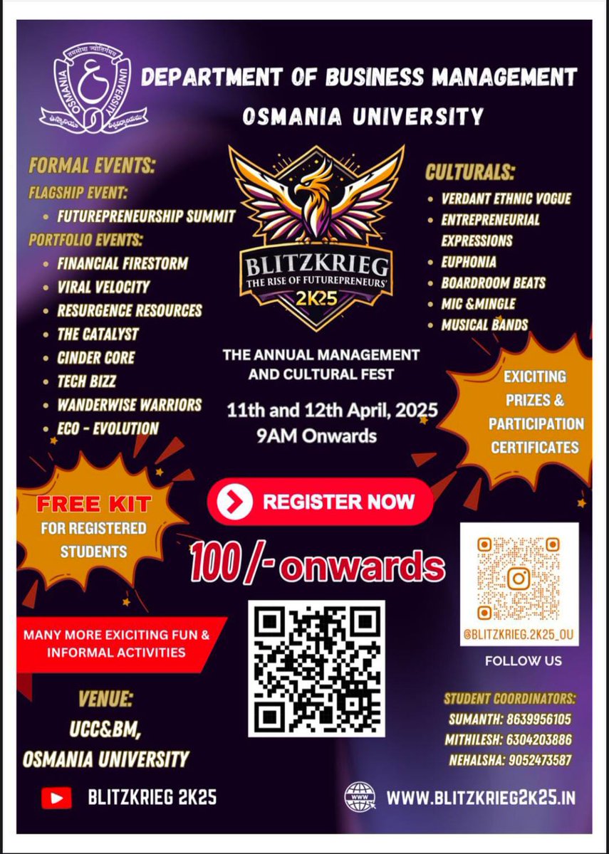 ocambaaa_in's tweet photo. #OCAMBAAA MC leadership team is requesting support with encouragement from all #Hyderabad City folks,for the #BLITZKRIEG2025 the reinstated, Mega Annual Management & Cultural Fest at our Alma Mater #OsmaniaUniversity Dept of Business Management on 11th & 12th April.
@HiHyderabad https://t.co/MxGIV0Kln3