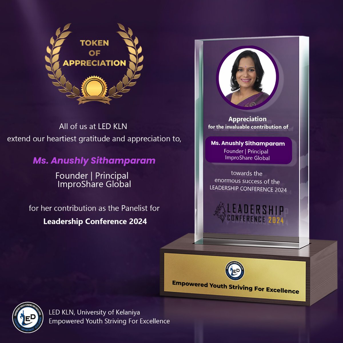 ledkln's tweet image. A heartfelt thank you to our panelist, Ms. Anushly Sithamparam , Founder/Principal , ImproShare Global, for their invaluable contributions to the success of the Leadership Conference 2024, Organized by LED KLN of the University of Kelaniya.

#panelist 
#LC2024_LEDKLN 
#UOK