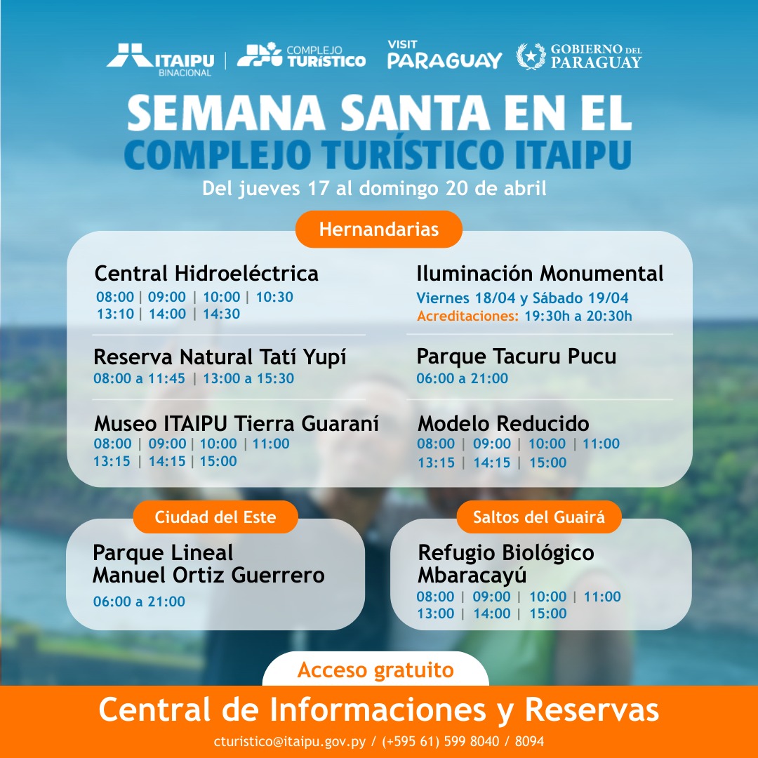 itaipuparaguay's tweet photo. 🔔 ¡Semana Santa en familia y en contacto con la naturaleza! ✝️ En Alto Paraná y Canindeyú, los atractivos del Complejo Turístico ITAIPU estarán abiertos para recibir a visitantes nacionales y extranjeros.

 ¡Vení y conocé todo lo que ofrece una de las maravillas de la ingeniería moderna!

☎️ Consultas y reservas: 

+595 (61) 599 8094 / 8040

 cturistico@itaipu.gov.py