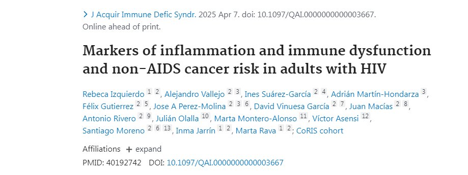 PubMed- onx.la/c324f Markers of inflammation and immune dysfunction and non-AIDS cancer risk in adults with HIV <a href="/HUCA_Asturias/">@HUCA</a> #publiHUCA <a href="/ASIV_Asturias/">Área Sanitaria IV Asturias</a> #InfectiousDiseasesUnit <a href="/FINBAsturias/">FINBA</a>