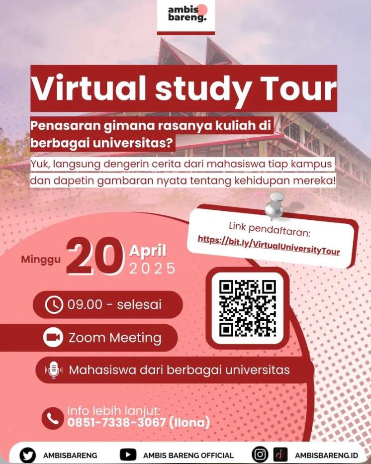 AmbisBareng's tweet photo. [OPEN REGISTRATION VIRTUAL UNIVERSITY TOUR]

Pengen tahu rasanya kuliah di kampus-kampus terbaik di Indonesia? 

Gak perlu nunggu jadi mahasiswa dulu! 😎🤚🏻 https://t.co/UvabkUNMBV
