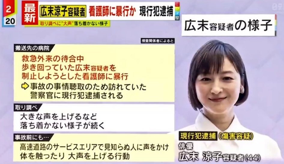 tkzwgrs's tweet photo. 【続報】広末涼子さんの逮捕騒動、キナ臭くなる

・事故前、サービスエリアにて見知らぬ人に声をかけ身体を触る＆大声をあげるなどの奇行
・東名高速のトンネルで事故る
→搬送された病院内を落ち着かず徘徊
→制止した看護師を暴行し逮捕
・取り調べ中にも大声＆落ち着かぬ様子

→薬物検査も実施へ… https://t.co/GoB252eWlJ