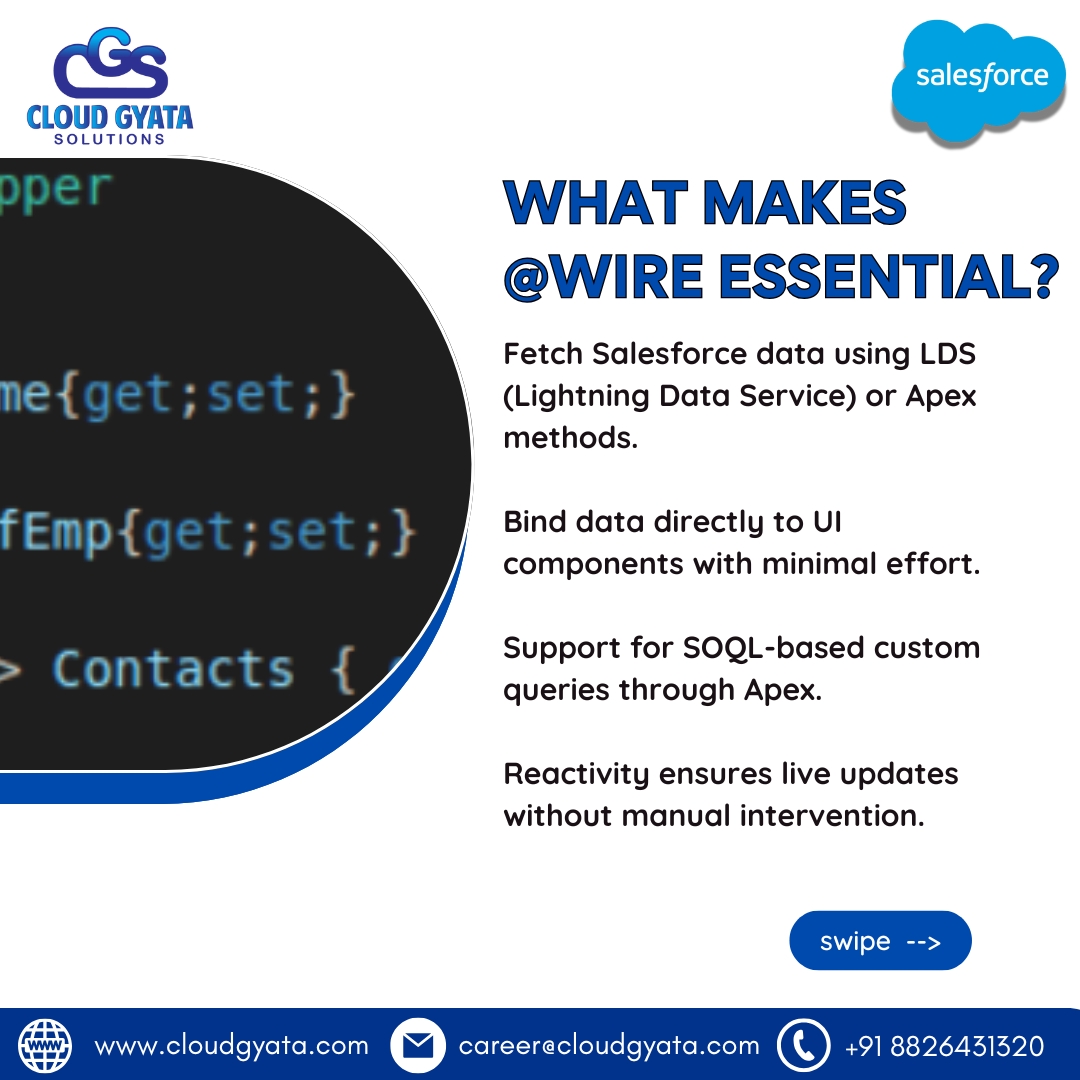 cloudgyata's tweet image. The @wire function in LWC simplifies data binding, auto-syncing with Salesforce data for faster, more efficient apps. Boost performance &amp;amp; UX with minimal code! 🚀 #Salesforce #LWC #WebDevelopment #TechTips #CloudGyataSolutions.