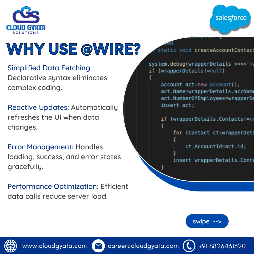 cloudgyata's tweet image. The @wire function in LWC simplifies data binding, auto-syncing with Salesforce data for faster, more efficient apps. Boost performance &amp;amp; UX with minimal code! 🚀 #Salesforce #LWC #WebDevelopment #TechTips #CloudGyataSolutions.