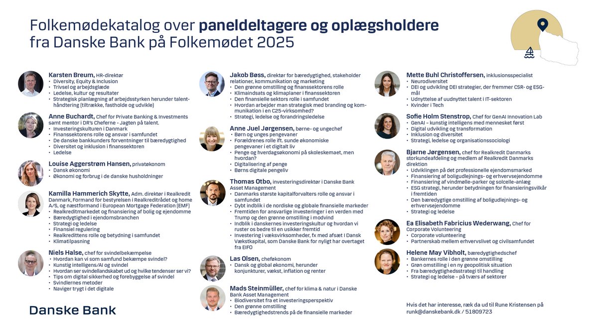Danske Bank Danmark (@danskebank_dk) on Twitter photo Vi står klar med et stærkt hold af eksperter til dialog og debatter på årets #Folkemøde. De favner bredt og dækker alt fra økonomi, bæredygtighed, børn og pengevaner, iværksætteri til investeringer. Kontakt <a href="/runekdk/">Rune Kristensen</a>, hvis du ønsker en af vores eksperter med i jeres panel. #FMDK Vi står klar med et stærkt hold af eksperter til dialog og debatter på årets #Folkemøde. De favner bredt og dækker alt fra økonomi, bæredygtighed, børn og pengevaner, iværksætteri til investeringer. Kontakt <a href="/runekdk/">Rune Kristensen</a>, hvis du ønsker en af vores eksperter med i jeres panel. #FMDK