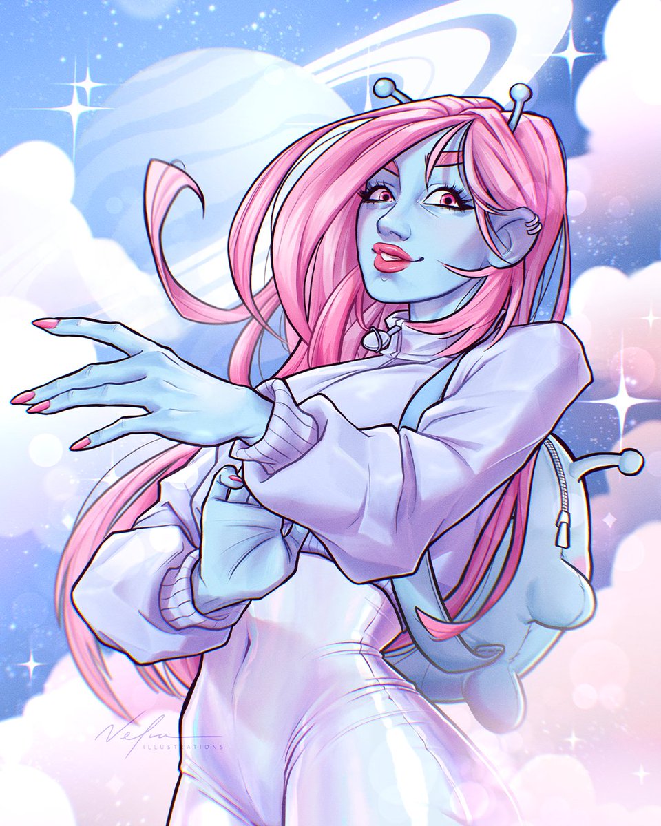 Hey! I just finished this commission for my wonderful friend <a href="/1Neila1/">Kati</a> , and I’m really happy with how it turned out! Meet her OC/streamsona - plus her adorable mascot, Alan the alien, in backpack form! ✨🪐