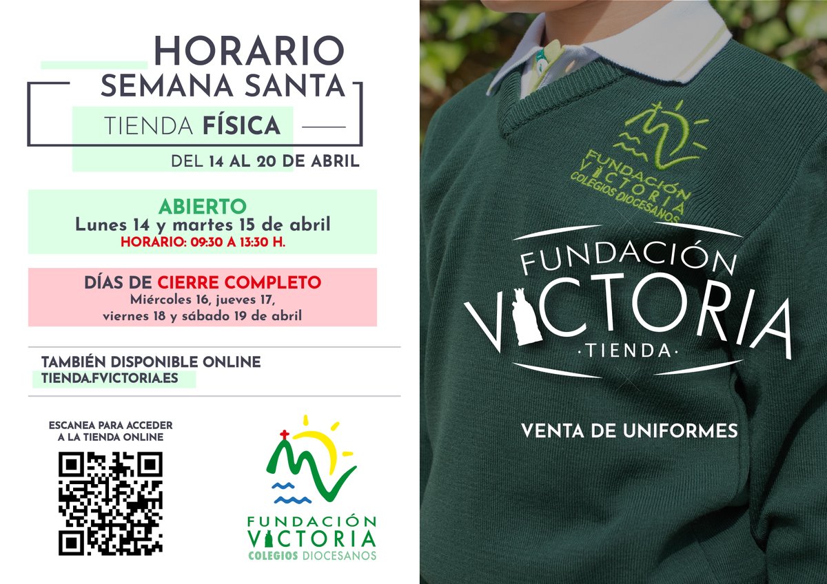 📣 Horario de la #Tienda Fundación Victoria en Semana Santa

🟢 Lunes y Martes Santo (14 y 15 de abril): de 9:30 a 13:30 h.
🔴 Miércoles, Jueves, Viernes y Sábado Santo (del 16 al 19 de abril): Cerrada

ℹ fvictoria.es/horario-de-la-…

#ColegiosDiocesanos