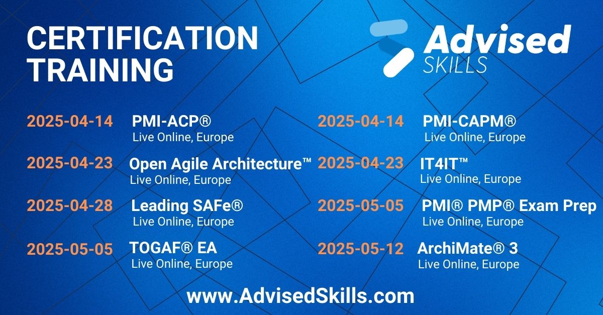 Get Certified with Advised Skills.

Join our courses:
📅 14 April – PMI-ACP® &amp; PMI-CAPM®
📅 23 April – Open Agile Architecture™ &amp; IT4IT™
📅 28 April – Leading SAFe®
📅 5 May – PMI® PMP® Exam Prep &amp; TOGAF® EA
📅 12 May – ArchiMate® 3

🔗 Visit: advisedskills.com