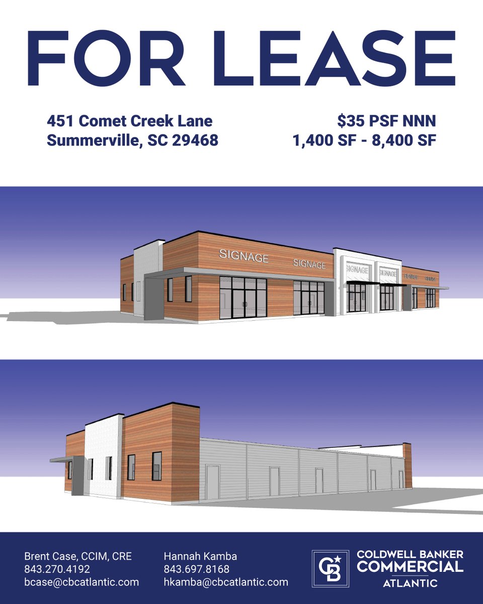 CBCAtlantic's tweet image. 🚧 Coming soon to Summerville! Comet Creek Center is set for an 8,400 SF strip center, breaking ground this summer with a Q4 2026 completion. Now pre-leasing with retail spaces from 1,400–8,400 SF! #RetailSpace #SummervilleSC