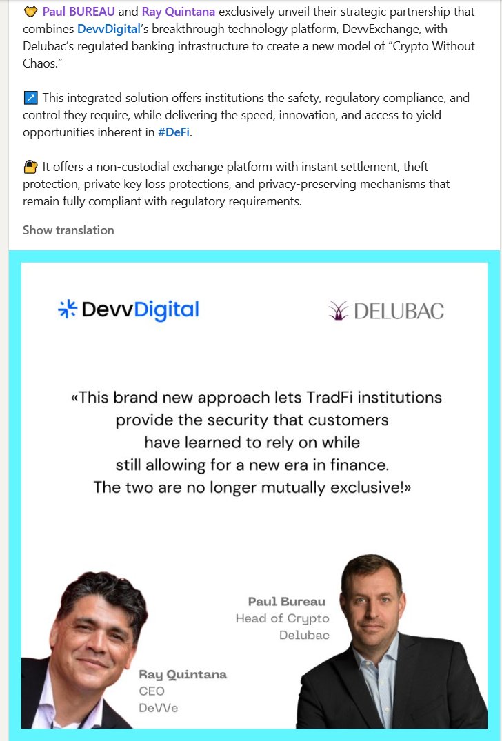 DevvExchange's tweet photo. Strong statement from our new Partner DELUBAC on LinkedIn: "This brand new approach lets TradFi institutions provide the security that customers have learned to rely on while still allowing for a new era in finance. The two are no longer mutually exclusive!"

Read the whole announcement: https://t.co/4RPDVmkuMM