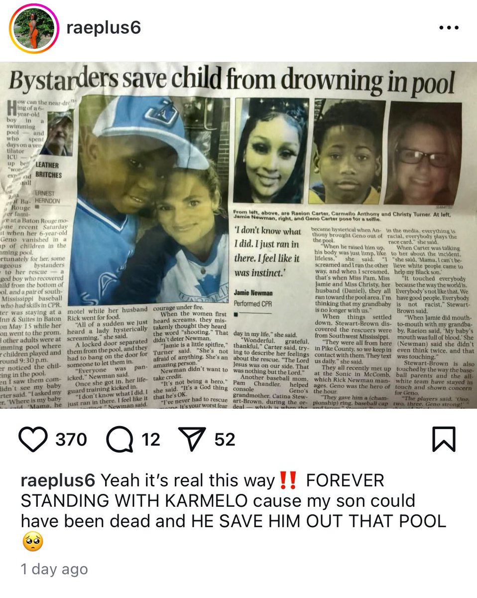 HarrietEve9's tweet photo. Raeion Carter, mother of six (6), shares Instagram post in support of Kermelo Anthony, 14 at the time — when he saved her young son from drowning in 2021… https://t.co/QljmlfWYFm