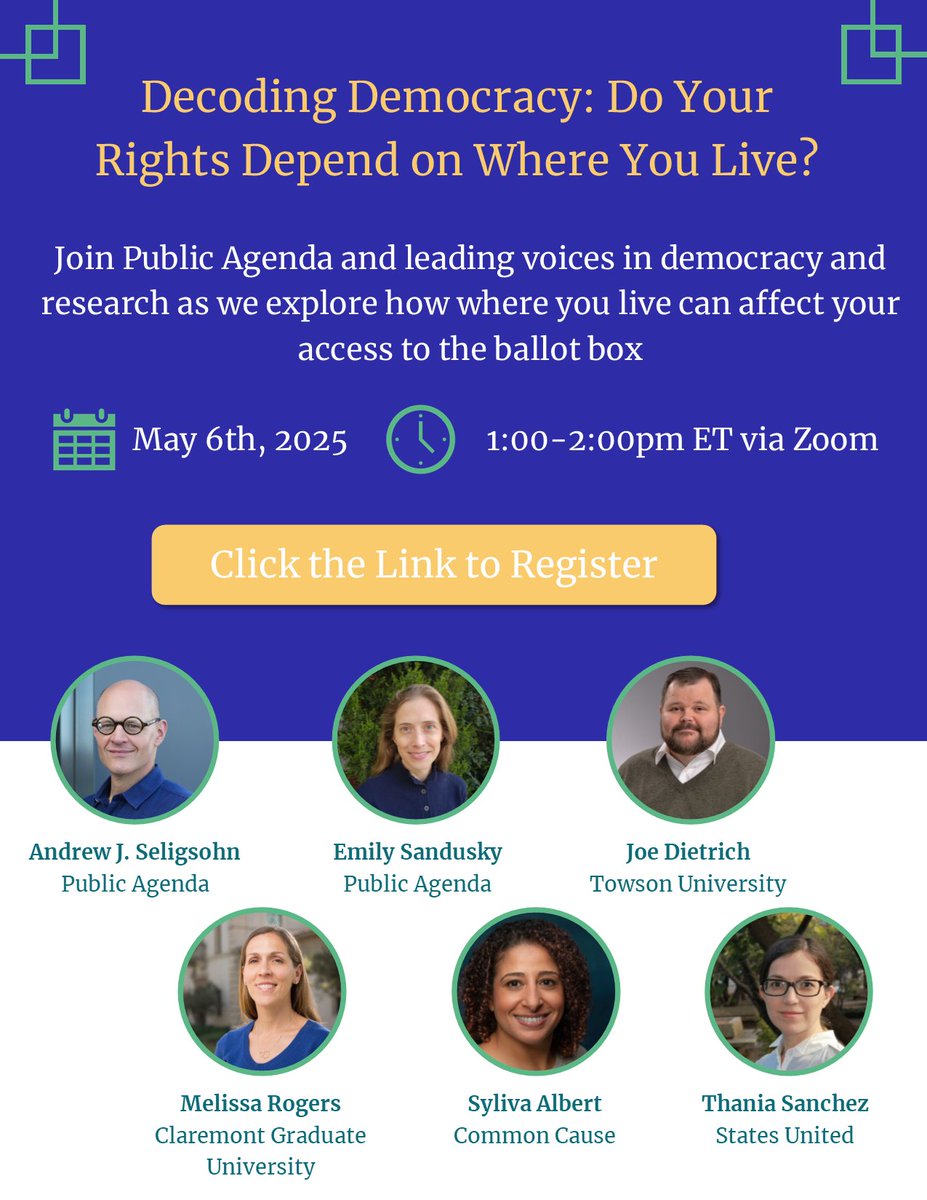 Join us on Tuesday, May 6th at 1:00pm ET for Decoding Democracy: Do Your Rights Depend on Where You Live? to explore how where Americans live affects their access to the ballot box.

Register free: lnkd.in/gF85E8Qb
