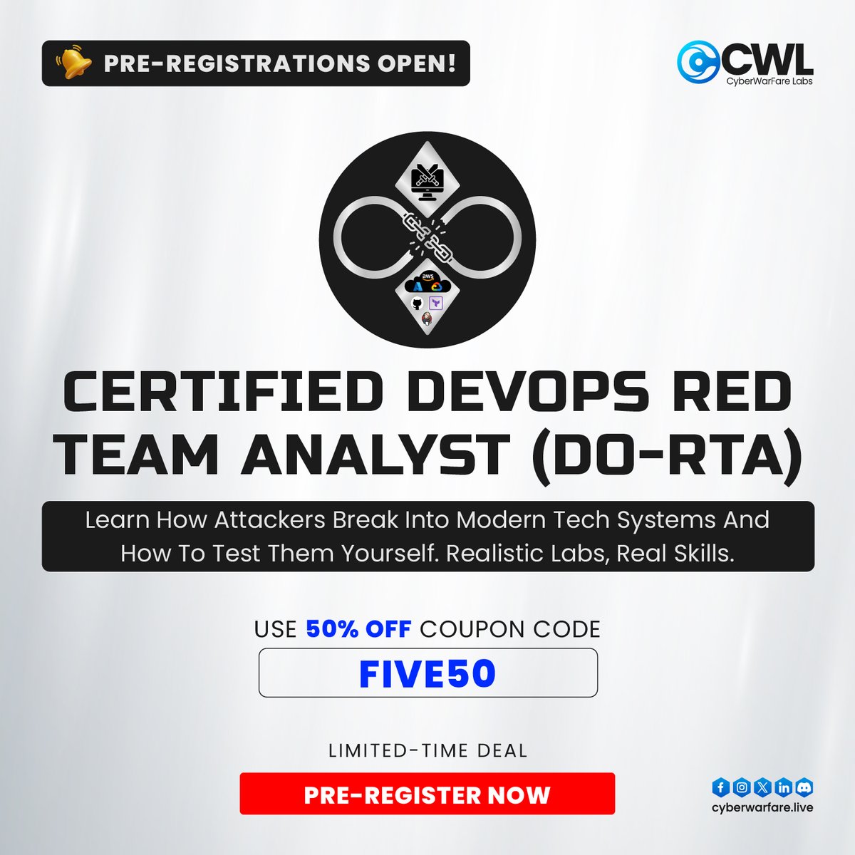 cyberwarfarelab's tweet photo. 🚨 Pre-Registrations Now Open! 🚨Unlock your potential with the Certified DevOps Red Team Analyst (DO-RTA) certification! 💥 Get flat 50% off with the coupon code "FIVE50". ⏳ Limited-time deal!
🔗 Pre-register now: https://t.co/fXDufLfcZg
#PreRegistrations #CWL #DORTA https://t.co/P0NXGVFRHL