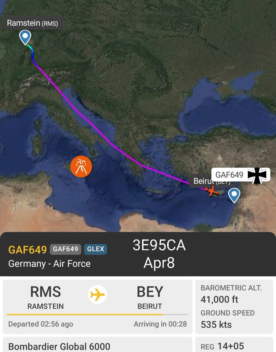 LebanonJets's tweet photo. #Germany AirForce 14+05 arrived into Beirut from Cologne with a stop at Ramstein & expected back to Cologne. Same aircraft in Lebanon on Feb10,2024 #3E95CA as #GAF649 https://t.co/KId23BhDCJ